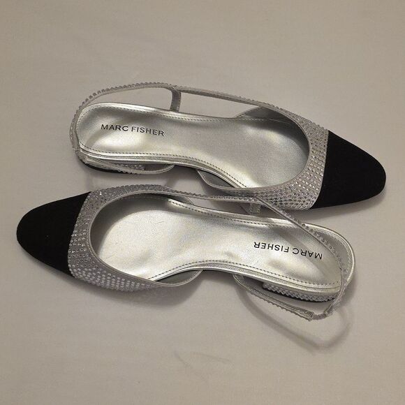BRAND NEW MARC FISHER RHINESTONE  EMBELLISHMENT BLACK & SILVER SLINGBACK FLATS - Picture 14 of 16